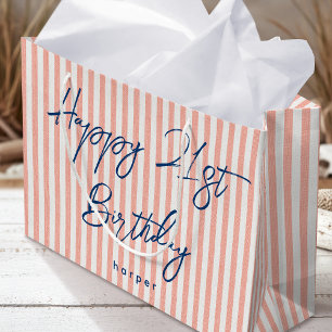 Happy Birthday Any Age Custom Name Striped Coral Large Gift Bag