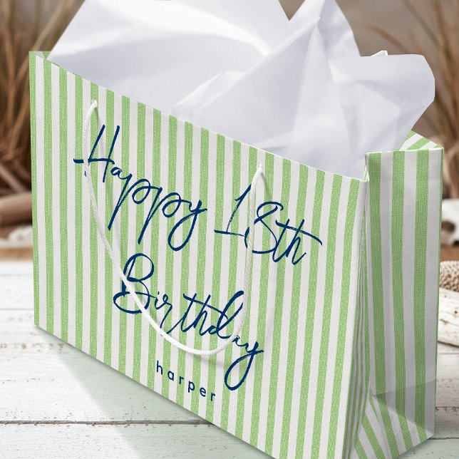 Happy Birthday Any Age Custom Name Striped Green Large Gift Bag (Creator Uploaded)