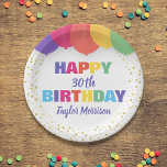 Happy Birthday Any Age Name Colourful Balloons Paper Plate<br><div class="desc">Celebrate your special someone with these fun and colourful birthday paper plates featuring brightly coloured balloons and faux gold confetti glitter.  Just add the birthday person's age and name to personalise. Bold and colourful yet simple and fun - the perfect napkins for any aged birthday party celebration.</div>