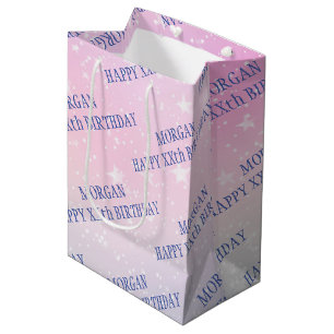 Happy Birthday, Any Age, Name, Stars, Pink & Blue Medium Gift Bag