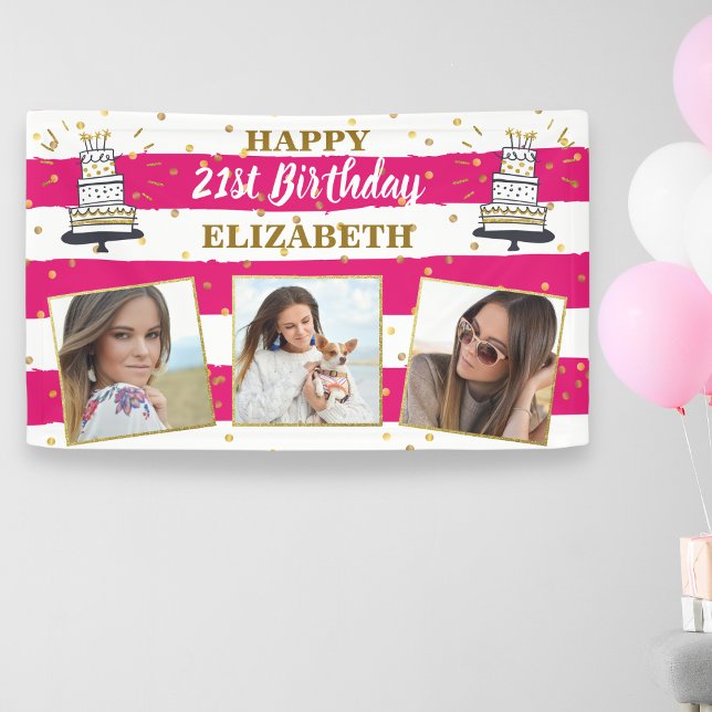 Happy Birthday Any Age Photo Collage Pink Gold Dot Banner (Creator Uploaded)