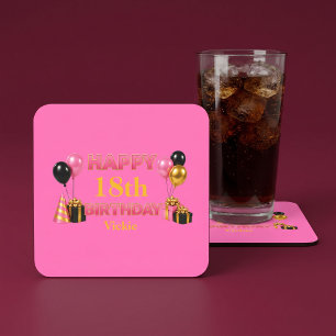Happy Birthday Any Age Pink Square Paper Coaster
