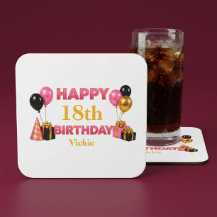 Happy Birthday Any Age White Square Paper Coaster