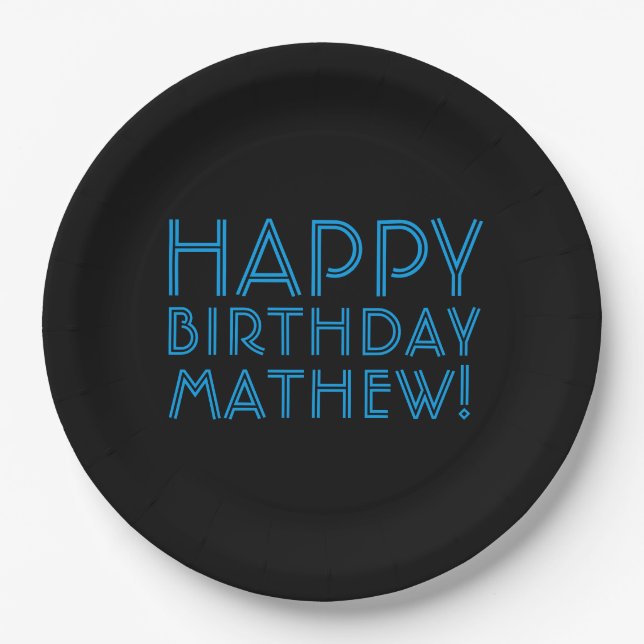 Happy Birthday (ANY NAME) | Blue & Black (or diy) Paper Plate (Front)