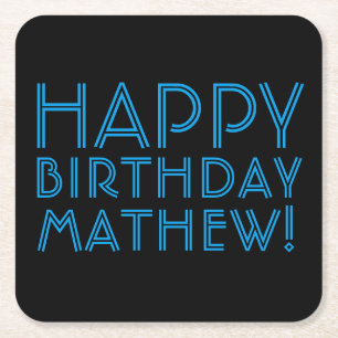 Happy Birthday (ANY NAME) Blue & Black (or diy) Square Paper Coaster