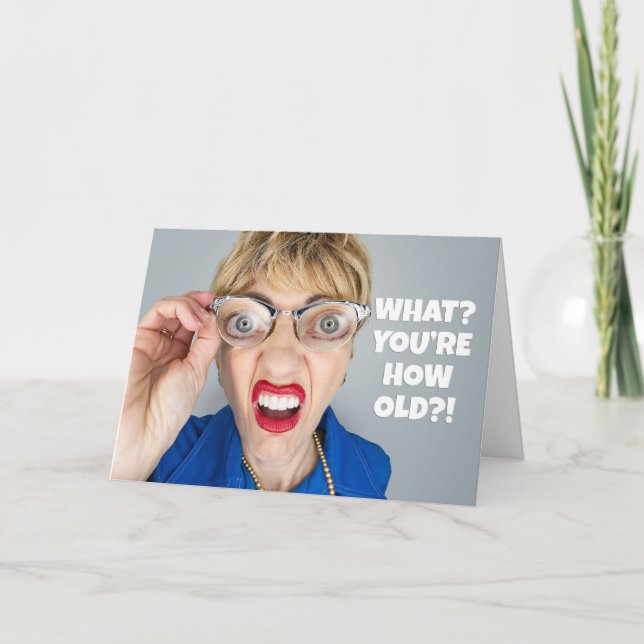 Happy Birthday Anyone Funny Lady With Big Eyes Holiday Card (Front)