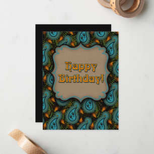 Happy Birthday Aqua Black Gold Paisley Card