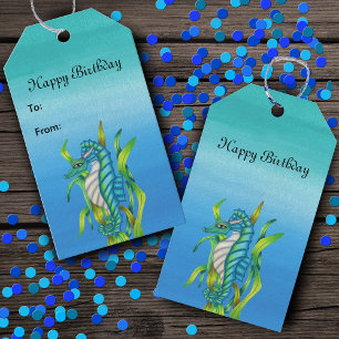 Happy Birthday Aqua Blue Sea Dragon Creature Gift Tags