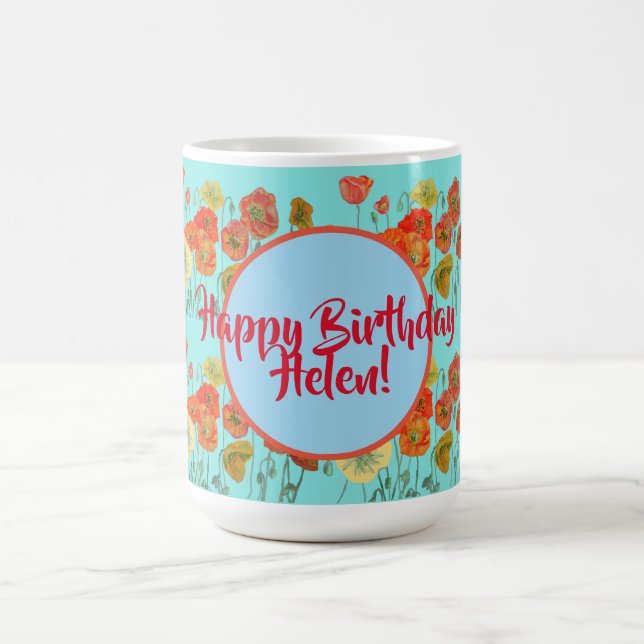 Happy Birthday aqua Orange Poppy Womans Name Mug (Center)