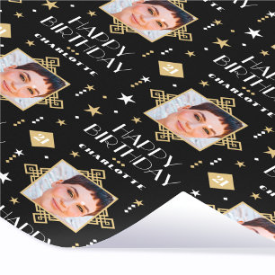 Happy Birthday Art Deco Custom Photo Black Wrapping Paper
