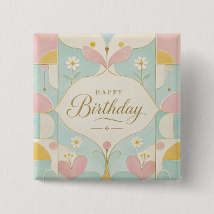 Happy Birthday Art Deco Pastel Floral Geometric 15 Cm Square Badge