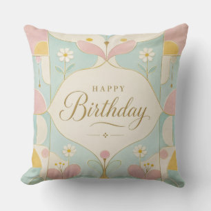 Happy Birthday Art Deco Pastel Floral Geometric Cushion