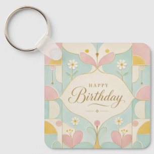 Happy Birthday Art Deco Pastel Floral Geometric Key Ring