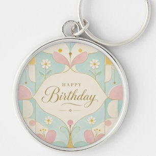 Happy Birthday Art Deco Pastel Floral Geometric Key Ring