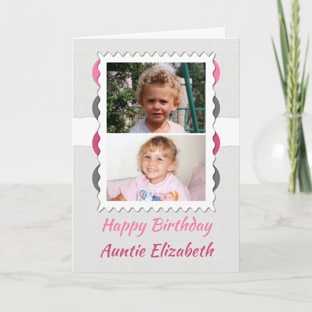 Happy Birthday Auntie gray and pink photo Card (Front)