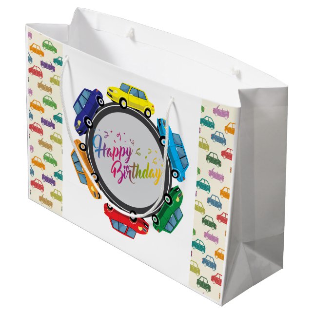 Happy Birthday Automobiles Large Gift Bag (Back Angled)