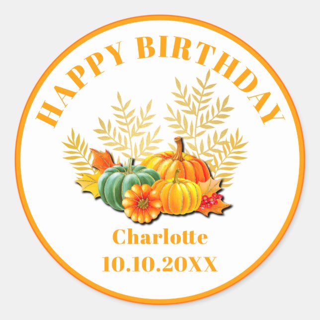 Happy birthday Autumn Maple Leaves and pumpkins Classic Round Sticker (Front)