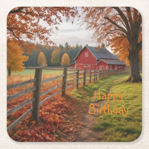 Happy Birthday Autumn Square Paper Coaster