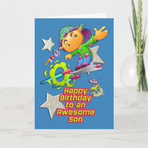 Happy Birthday Awesome Son Skateboard Boy & Aliens Card