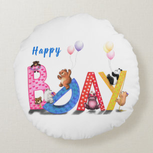 Happy Birthday - Baby Bears Party Celebration Fun Round Cushion