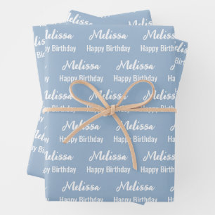 Happy Birthday Baby Blue and White Name Pattern Wrapping Paper Sheet