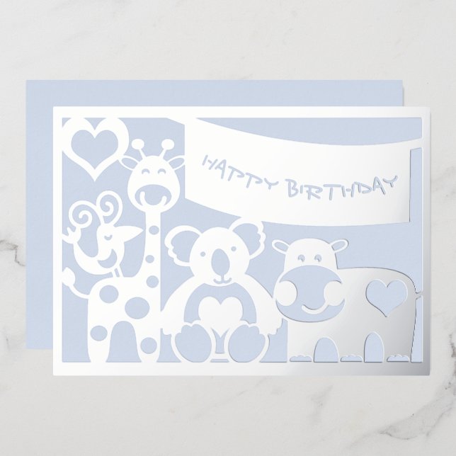 Happy Birthday Baby Boy Animals In  Foil Holiday Card (Front/Back)