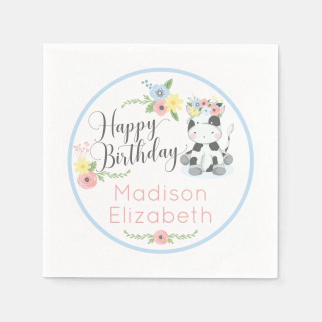 Happy Birthday Baby Cow Floral 1st Birthday Party Napkin (Front)