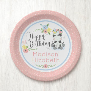 Happy Birthday Baby Cow Floral 1st Birthday Party Paper Plate