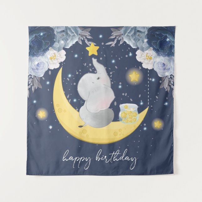 Happy Birthday Baby Elephant on Moon Tapestry (Front)