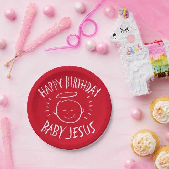 Happy Birthday Baby Jesus Christmas Chalkboard Red Paper Plate (Party)