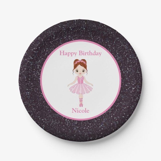 Happy Birthday Ballerina Black Sparkle Paper Plate (Front)