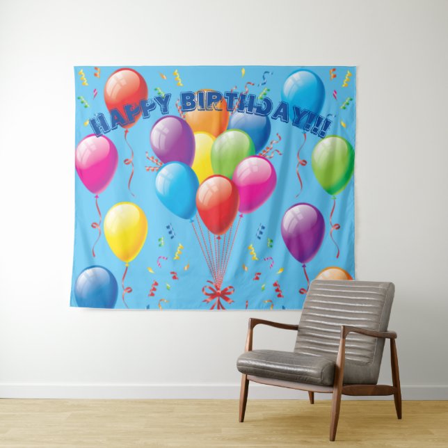 Happy Birthday Balloon Backdrop & Banner - Blue Tapestry (In Situ (Horizontal))