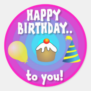 Happy Birthday Balloon, Cake & Cap Classic Round Sticker