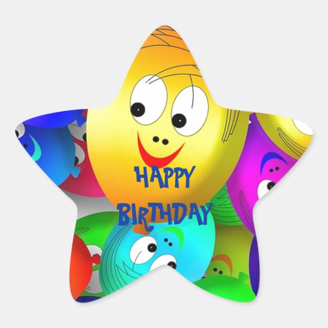 Happy Birthday Balloon Faces Star Sticker (Front)
