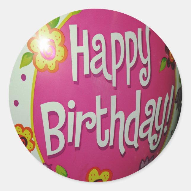 Happy Birthday Balloon w/ Flowers, Balloon Design Classic Round Sticker (Front)