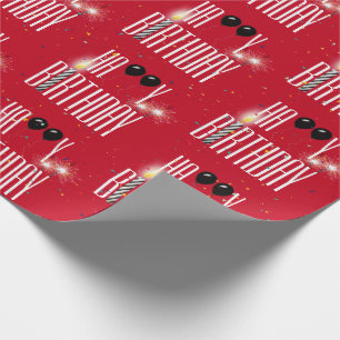 Happy Birthday Balloons and Confetti on Red Wrapping Paper