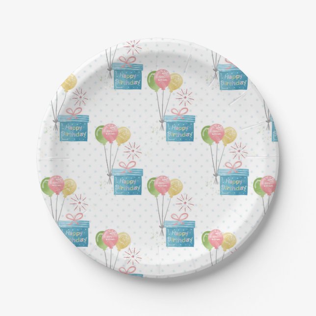 Happy Birthday Balloons and Gift Box Paper Plate (Front)
