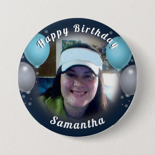 Happy Birthday Balloons and Photo Blue Button