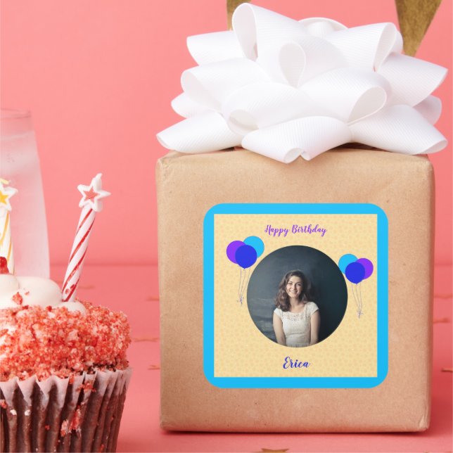 Happy Birthday Balloons Custom Photo and Text Square Sticker (Party)