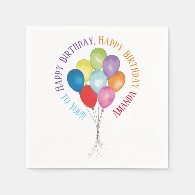 Happy Birthday Balloons Editable Paper Napkins (Front)