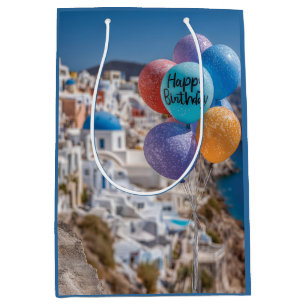 Happy Birthday Balloons in Santorini, Greece Medium Gift Bag