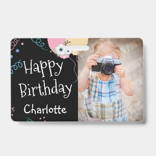 Happy Birthday Balloons Name and Photo Black ID Badge