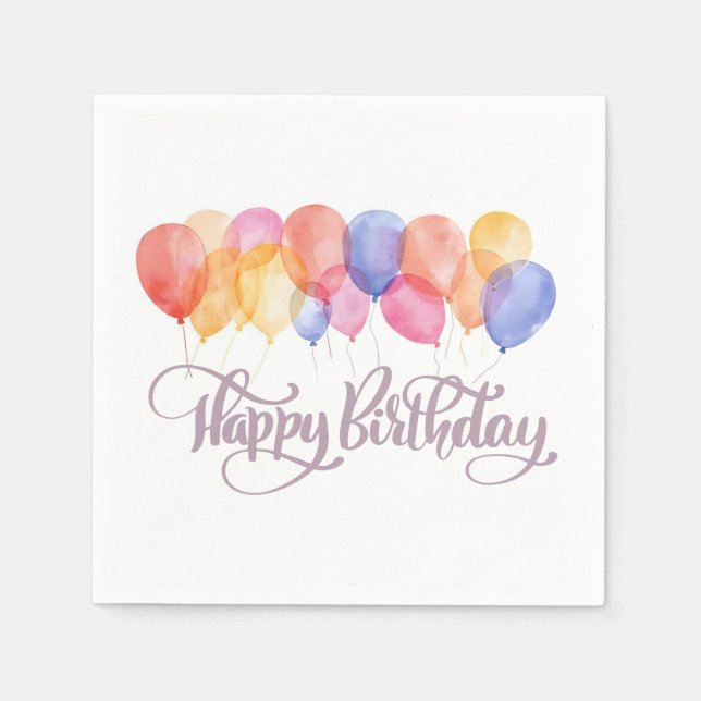 Happy Birthday Balloons Watercolor Birthday Party Napkin (Front)