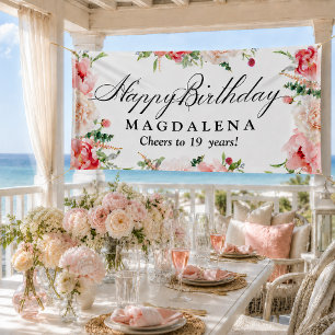 Happy Birthday Banner 19th Elegant Pink Peony
