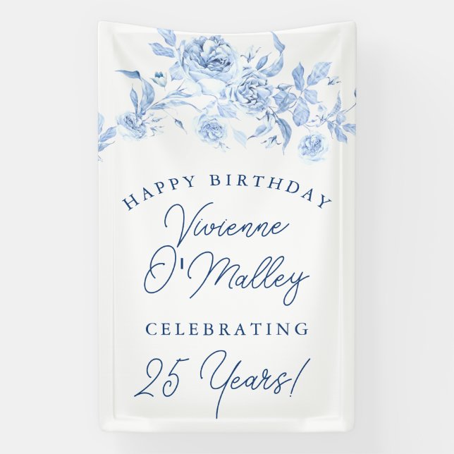 Happy Birthday Banner 25th Blue Floral Template (Vertical)