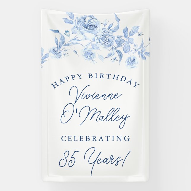 Happy Birthday Banner 35th Blue Floral Template (Vertical)