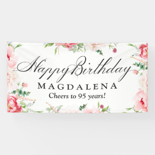 Happy Birthday Banner 95th Elegant Pink Peony