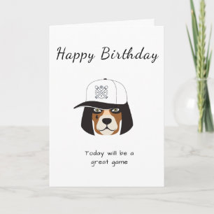 happy birthday   baseball dog white playing game card