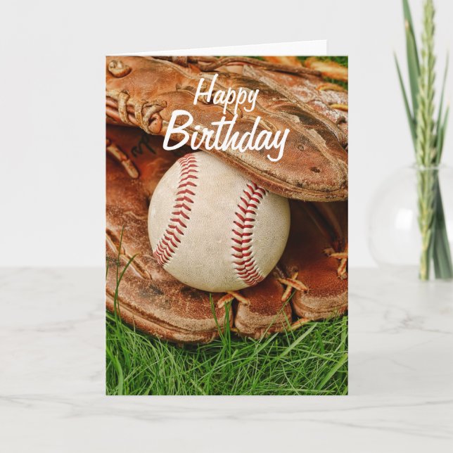 Happy Birthday Baseball with an Old Mitt Card (Front)