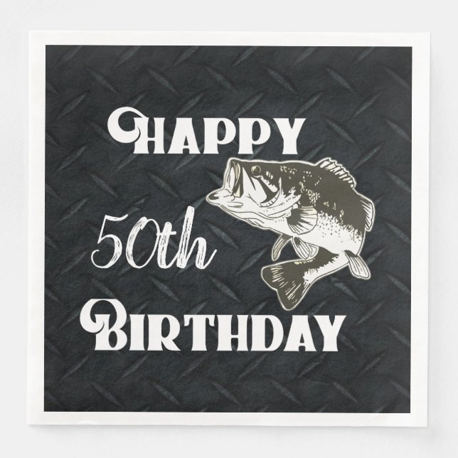 Happy Birthday Bass Fishing Age 50th Diamond Plate Napkin (Front)